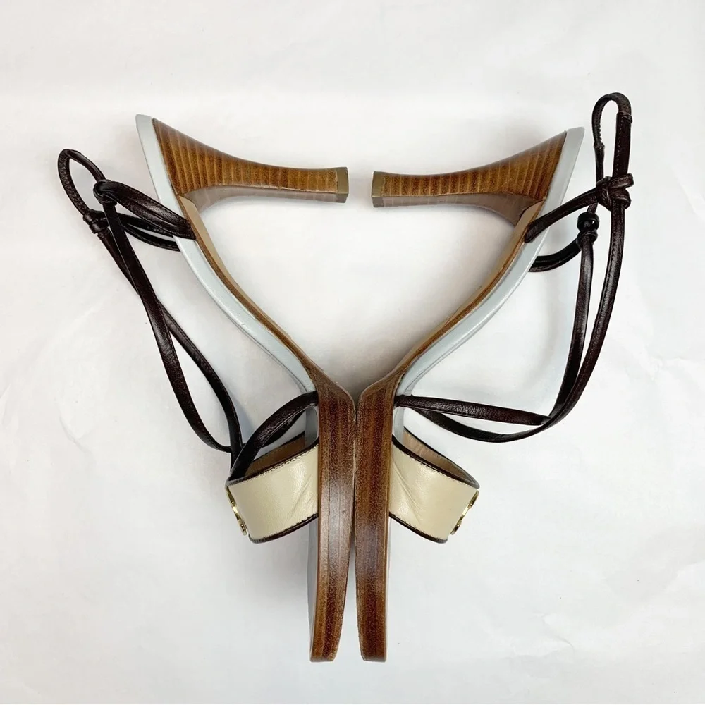 Chanel Blue / Brown Wooden Sole Strappy Heels Pumps 37 1/2 - Picture 5 of 13